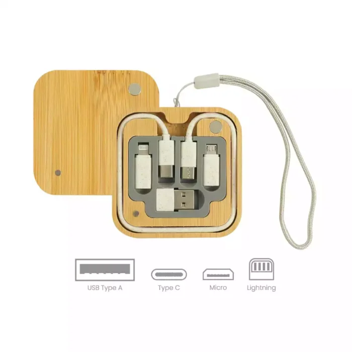 Multi-Charging Cable Set in Bamboo Case